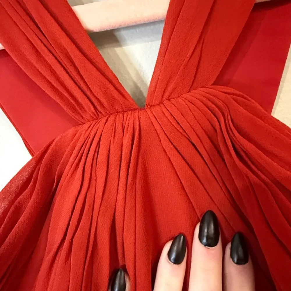 Bebe bright red flowy maxi dress‎ with unique halter top and gathered waist